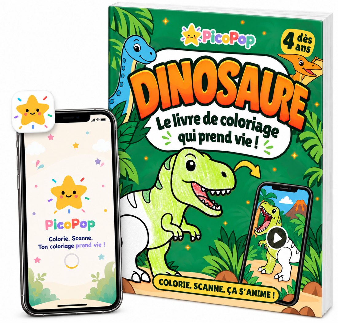 Le livre de coloriage Dinosaures Picopop à côté d'un téléphone montrant l'app