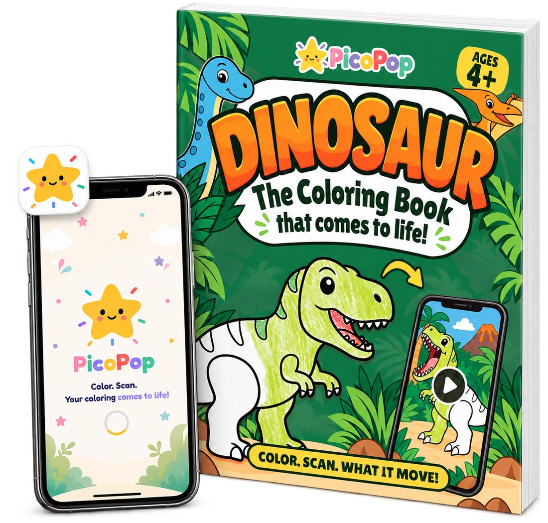 The Picopop Dinosaur coloring book next to a phone showing the app