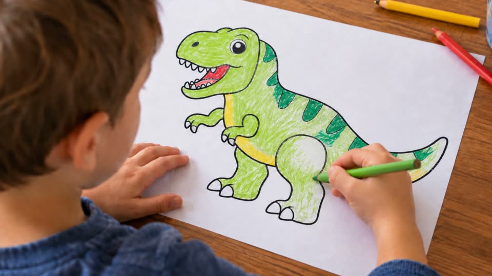 A child coloring a T-Rex page