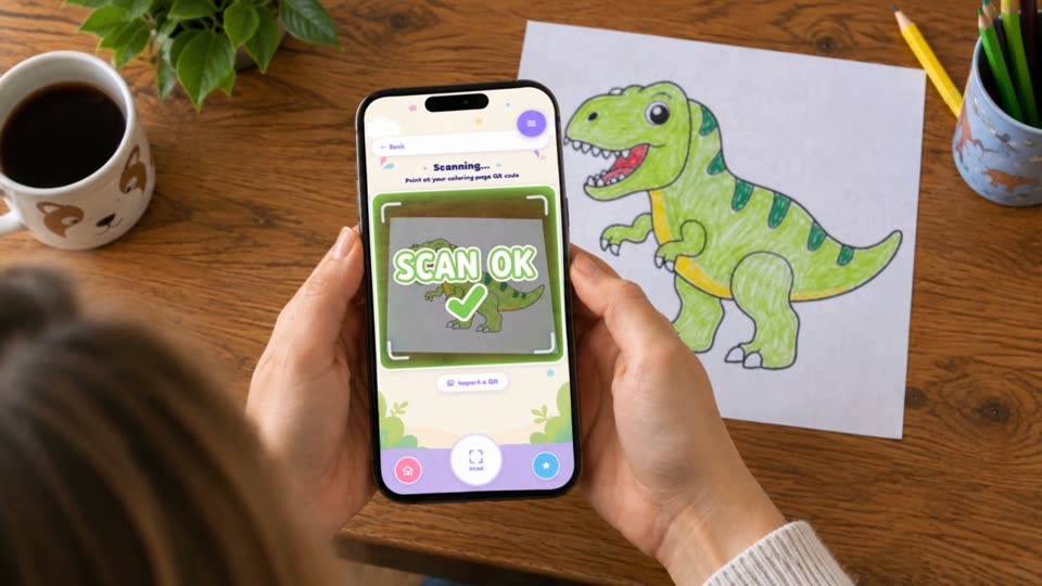A parent scanning the colored page with the Picopop app