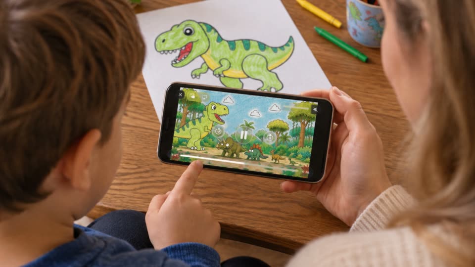 The colored T-Rex animated on the phone