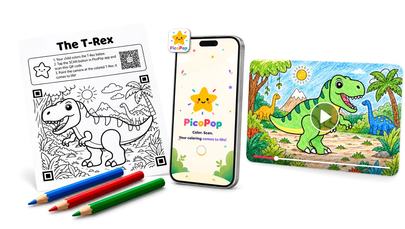 The FREE T-Rex coloring page with its corner markers, colored pencils, the Picopop app on a phone and the animated T-Rex film