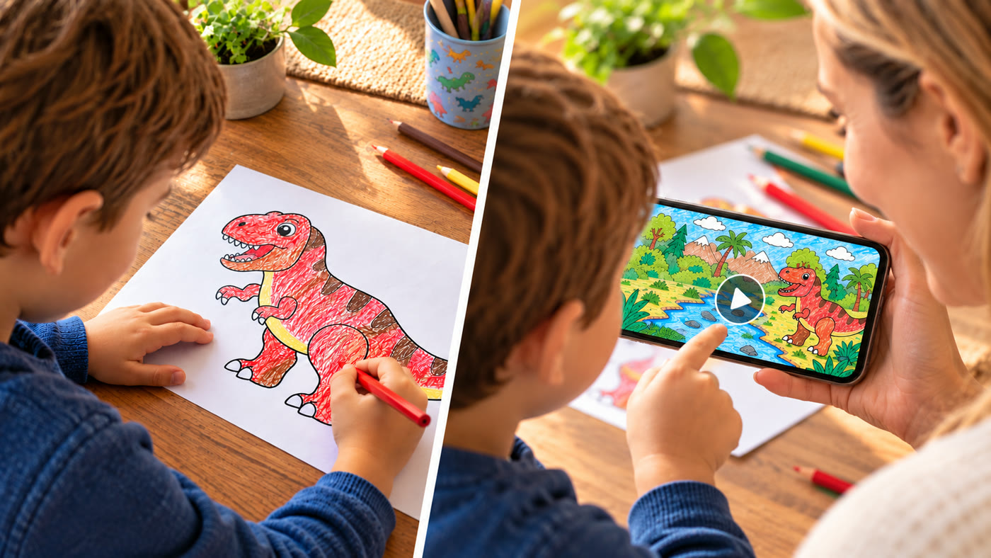Left: a child coloring. Right: a parent holding the phone with the animated coloring